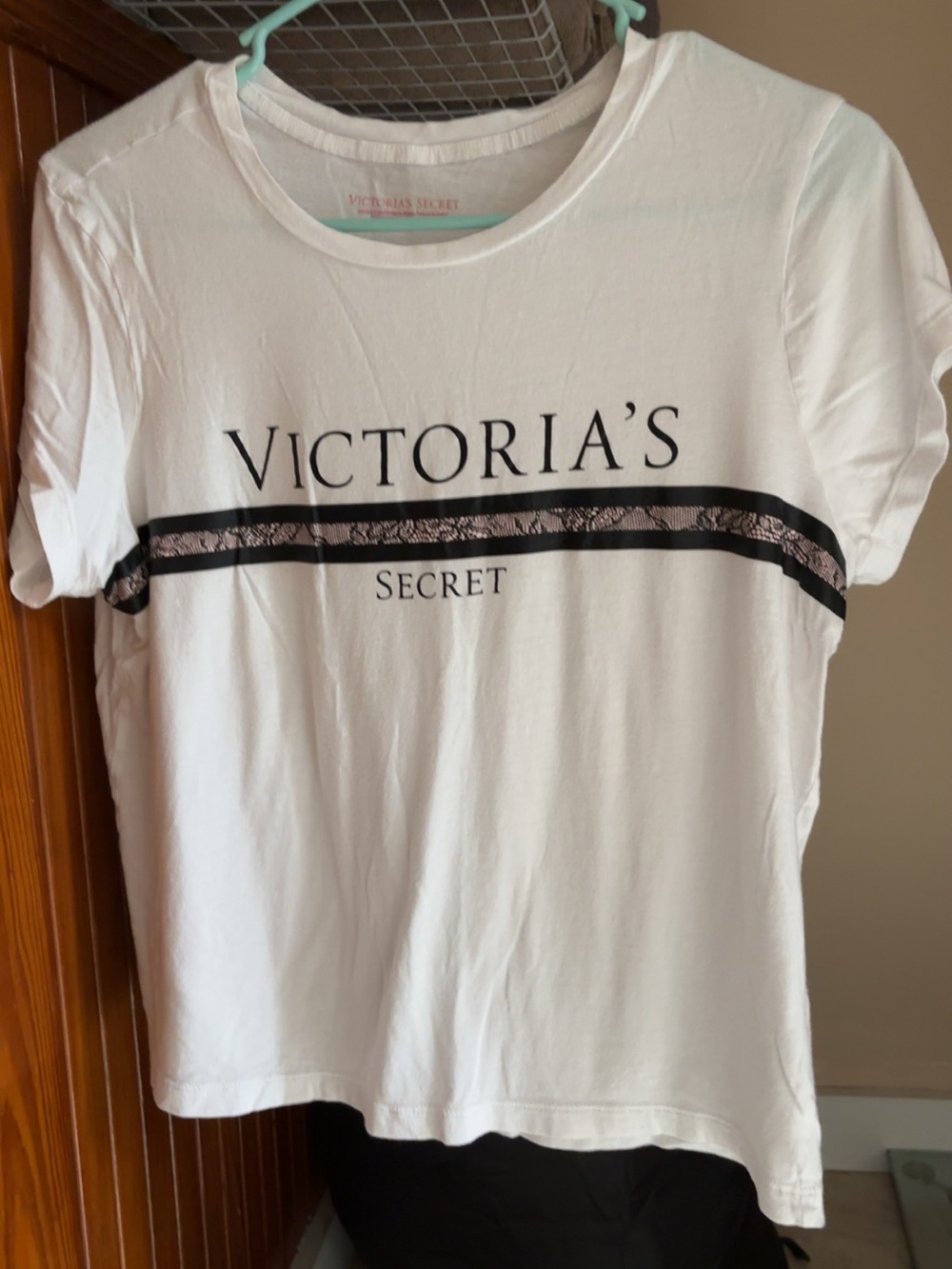 Victoria's Secret White Short-Sleeve Logo Tee with Black & Blush Stripe